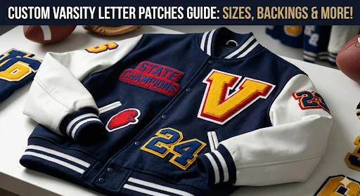 A blue and white varsity jacket placed on a table with chenille patches on it.
