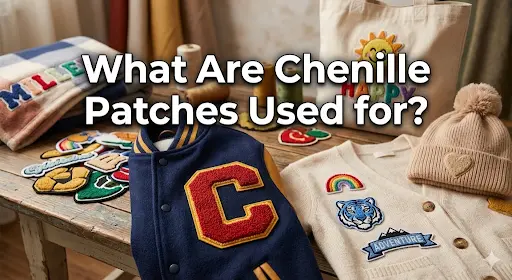 A visual with a text and chenille patches in background applied to different stuff.